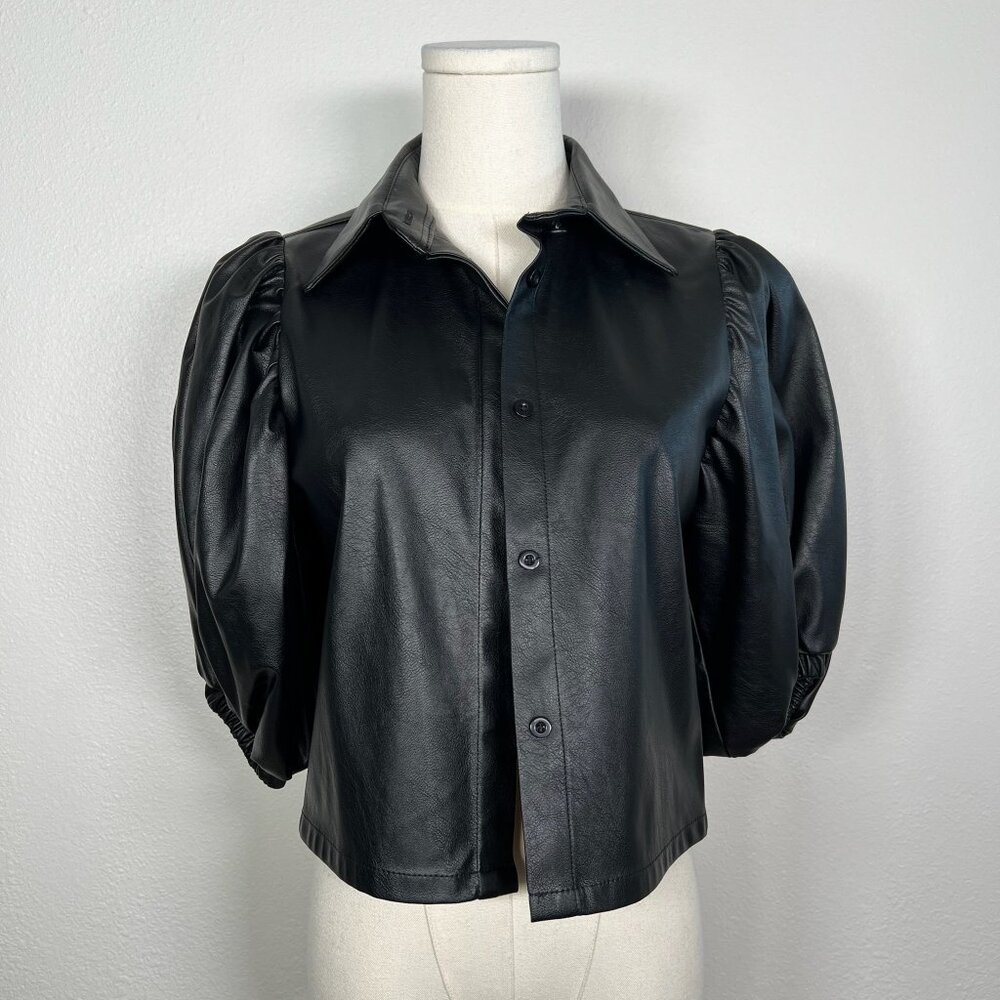 The Femm Black Francine Faux Leather Pouf Sleeve Cropped Top - Size XS